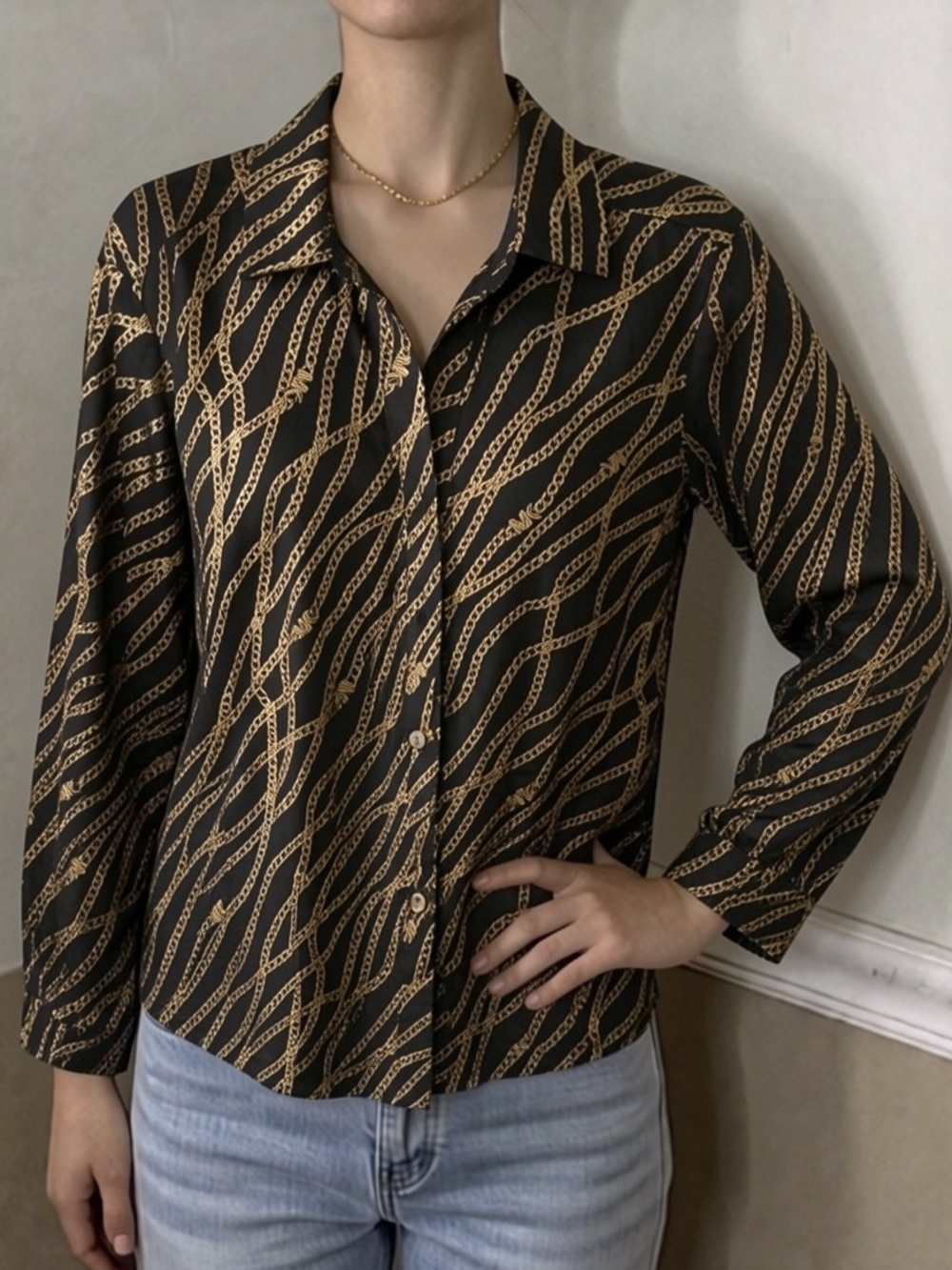🤎 5 for $20! Michael Kors Black Button-Down Shirt with Gold Chain Print